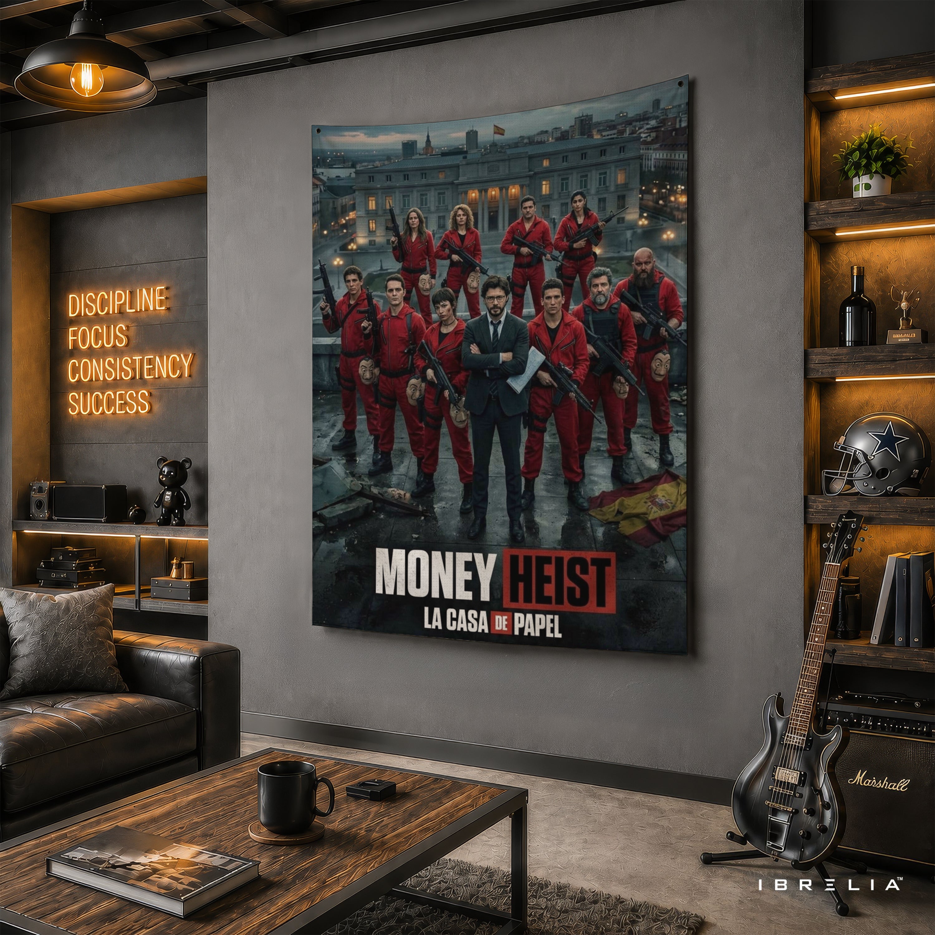 Money Heist (La Casa de Papel) Team Wall Tapestry | Premium Heavyweight Jute Fabric Wall Hanging