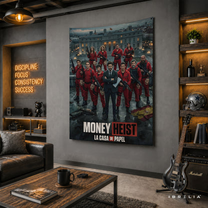 Money Heist (La Casa de Papel) Team Wall Tapestry | Premium Heavyweight Jute Fabric Wall Hanging