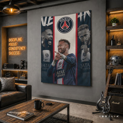 Neymar PSG Triple Portrait Wall Tapestry | Premium Heavyweight Jute Fabric Wall Hanging