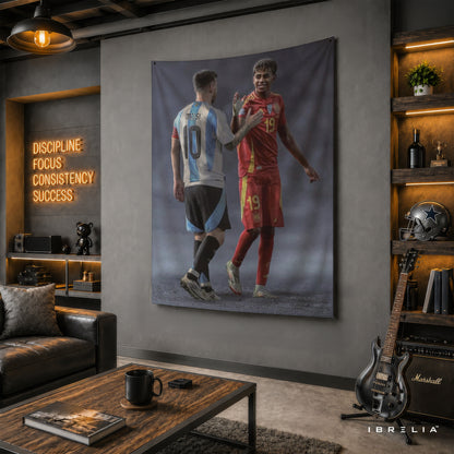 Messi & Lamine Yamal Football Legends Wall Tapestry | Premium Heavyweight Jute Fabric Wall Hanging