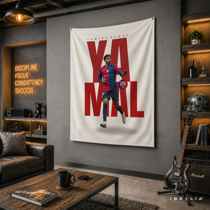 Lamine Yamal Typography FC Barcelona Wall Tapestry | Premium Heavyweight Jute Fabric Wall Hanging