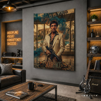 Scarface Tony Montana World Is Yours Wall Tapestry – Premium Movie Wall Hanging & Home Decor in Pakistan