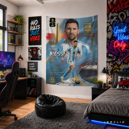 Lionel Messi Argentina Champion Edition Wall Tapestry | Premium Heavyweight Jute Fabric Wall Hanging