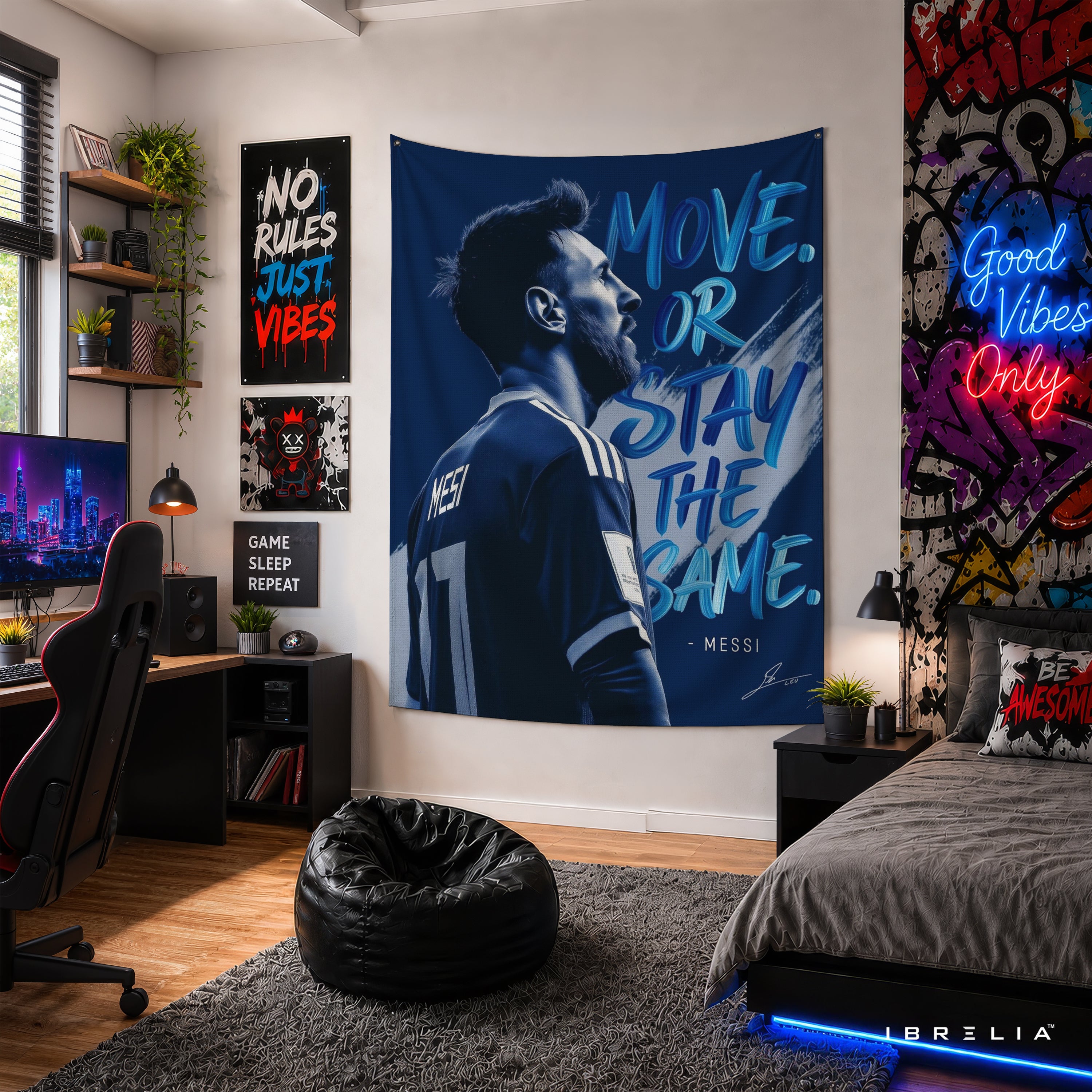 Lionel Messi Move or Stay the Same Wall Tapestry | Premium Heavyweight Jute Fabric Wall Hanging