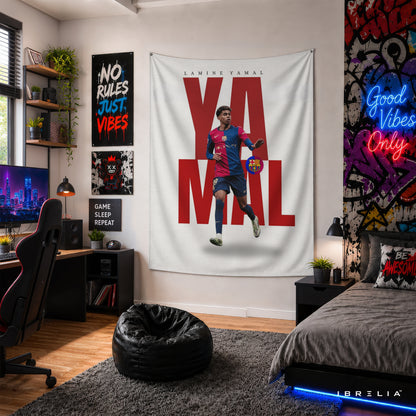 Lamine Yamal Typography FC Barcelona Wall Tapestry | Premium Heavyweight Jute Fabric Wall Hanging