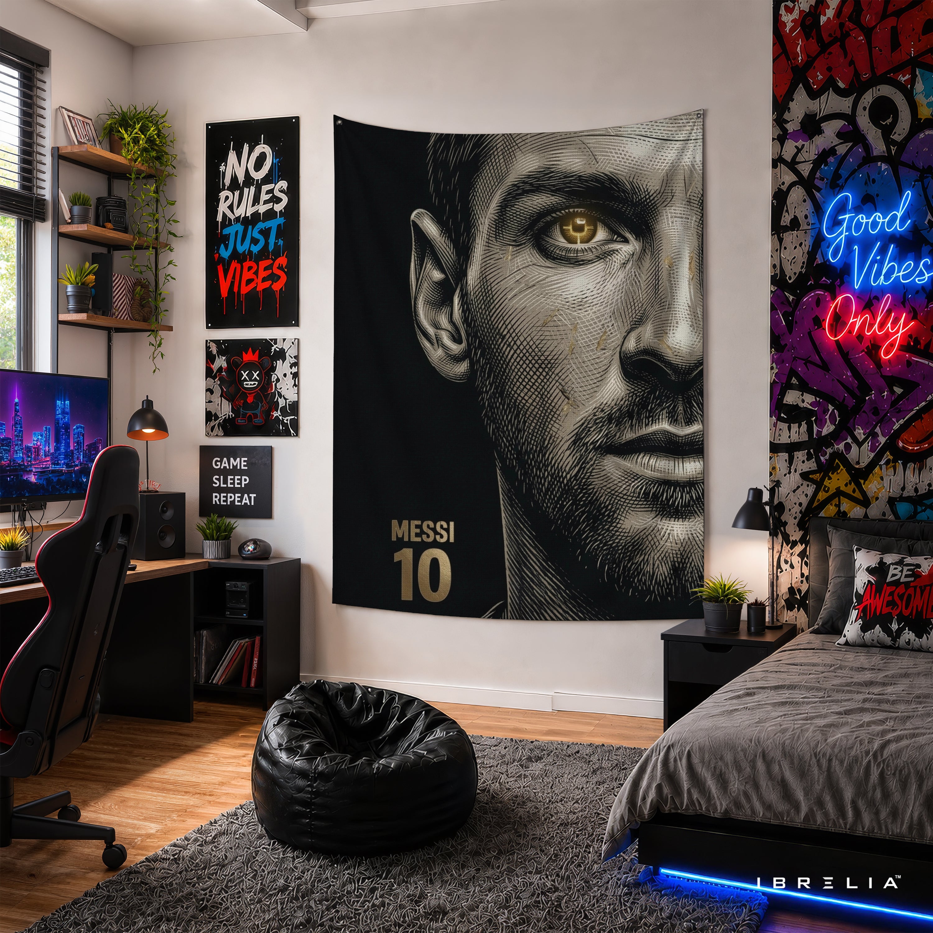 Lionel Messi Minimalist Portrait Wall Tapestry | Premium Heavyweight Jute Fabric Wall Hanging