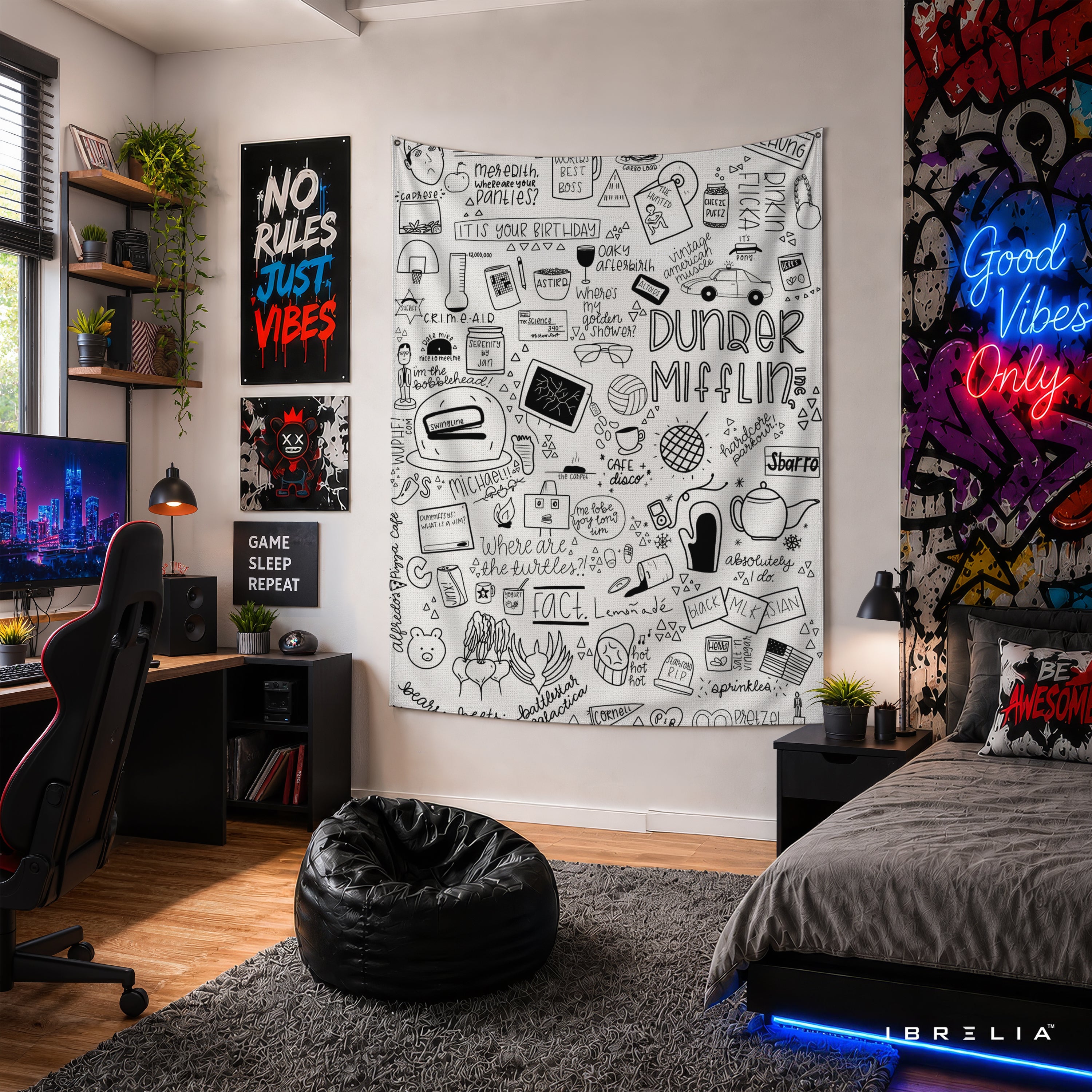 The Office Dunder Mifflin Doodle Wall Tapestry | Premium Heavyweight Jute Fabric Wall Hanging