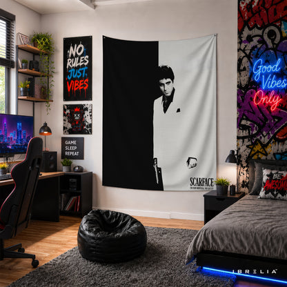 Scarface Tony Montana Black & White Wall Tapestry – Premium Movie Wall Hanging & Home Decor in Pakistan