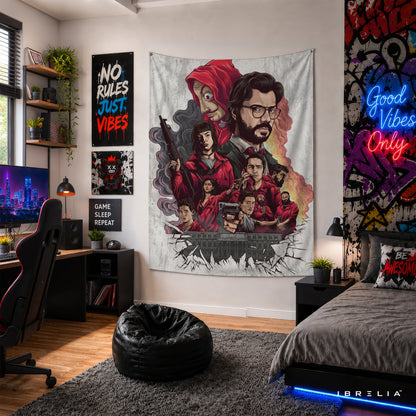 Money Heist Character Collage Wall Tapestry | Premium Heavyweight Jute Fabric Wall Hanging