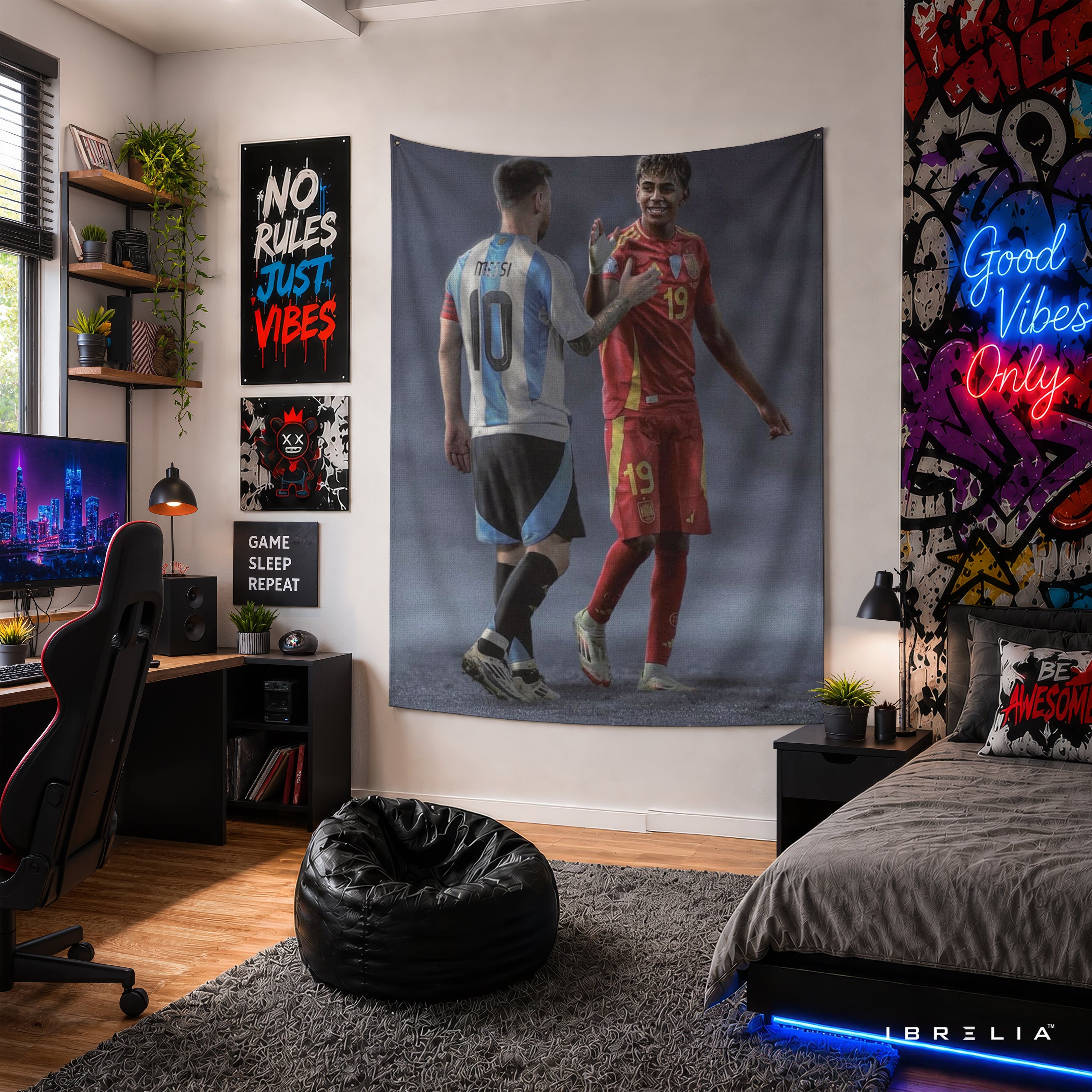 Messi & Lamine Yamal Football Legends Wall Tapestry | Premium Heavyweight Jute Fabric Wall Hanging