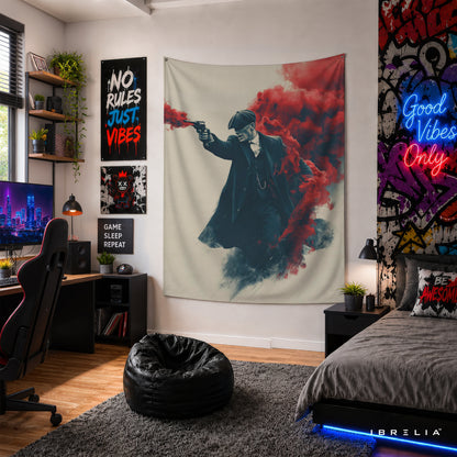 Thomas Shelby Crimson Smoke Wall Tapestry | Premium Heavyweight Jute Fabric Wall Hanging
