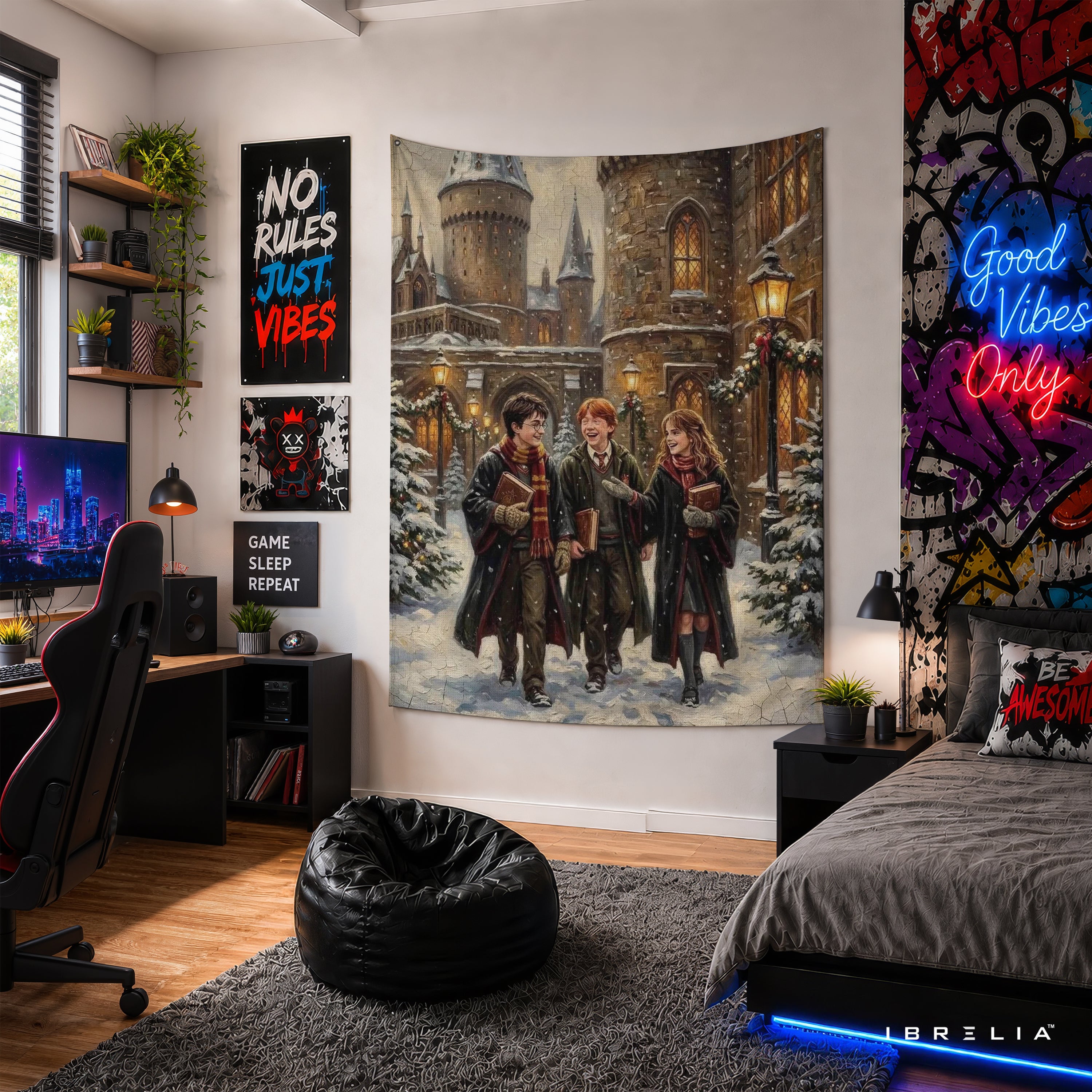 Harry Potter Golden Trio Hogwarts Winter Wall Tapestry – Premium Fantasy Wall Hanging & Home Decor in Pakistan