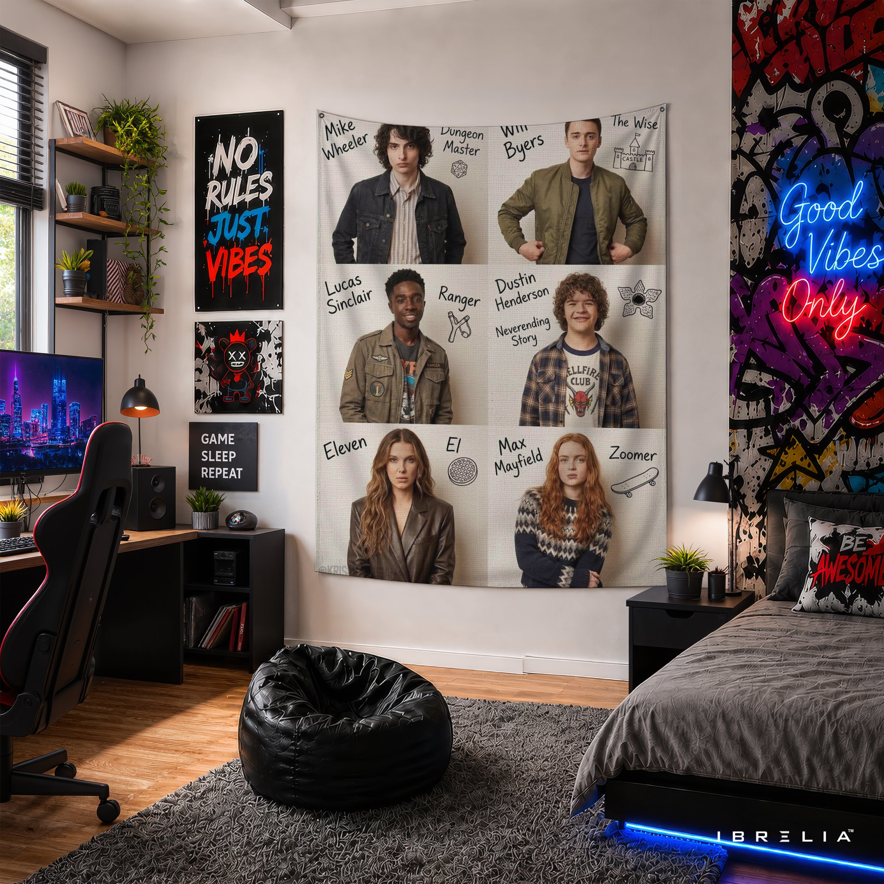 Stranger Things Main Characters Wall Tapestry – Hawkins Heroes Collage Wall Hanging