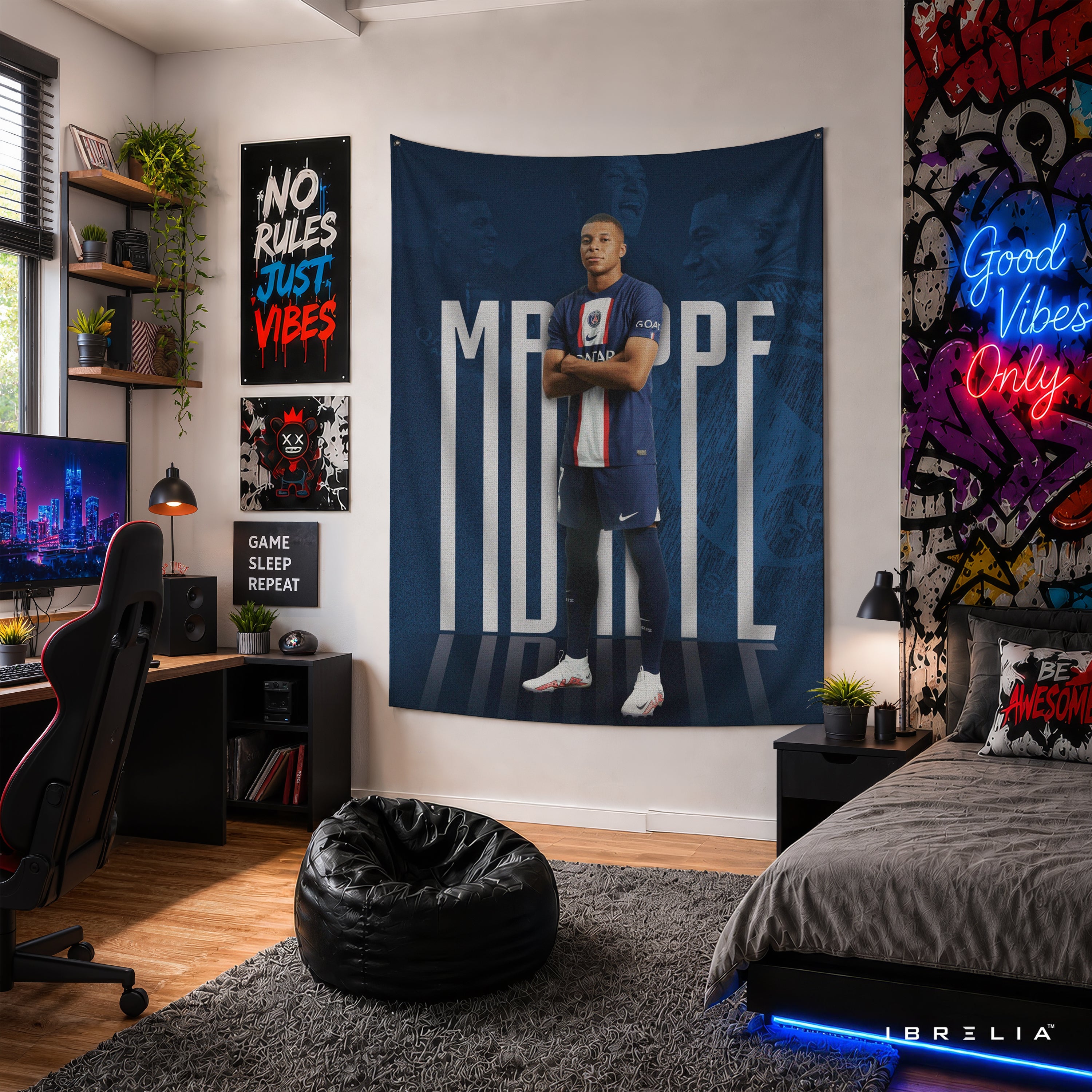 Kylian Mbappé PSG Signature Wall Tapestry | Premium Heavyweight Jute Fabric Wall Hanging
