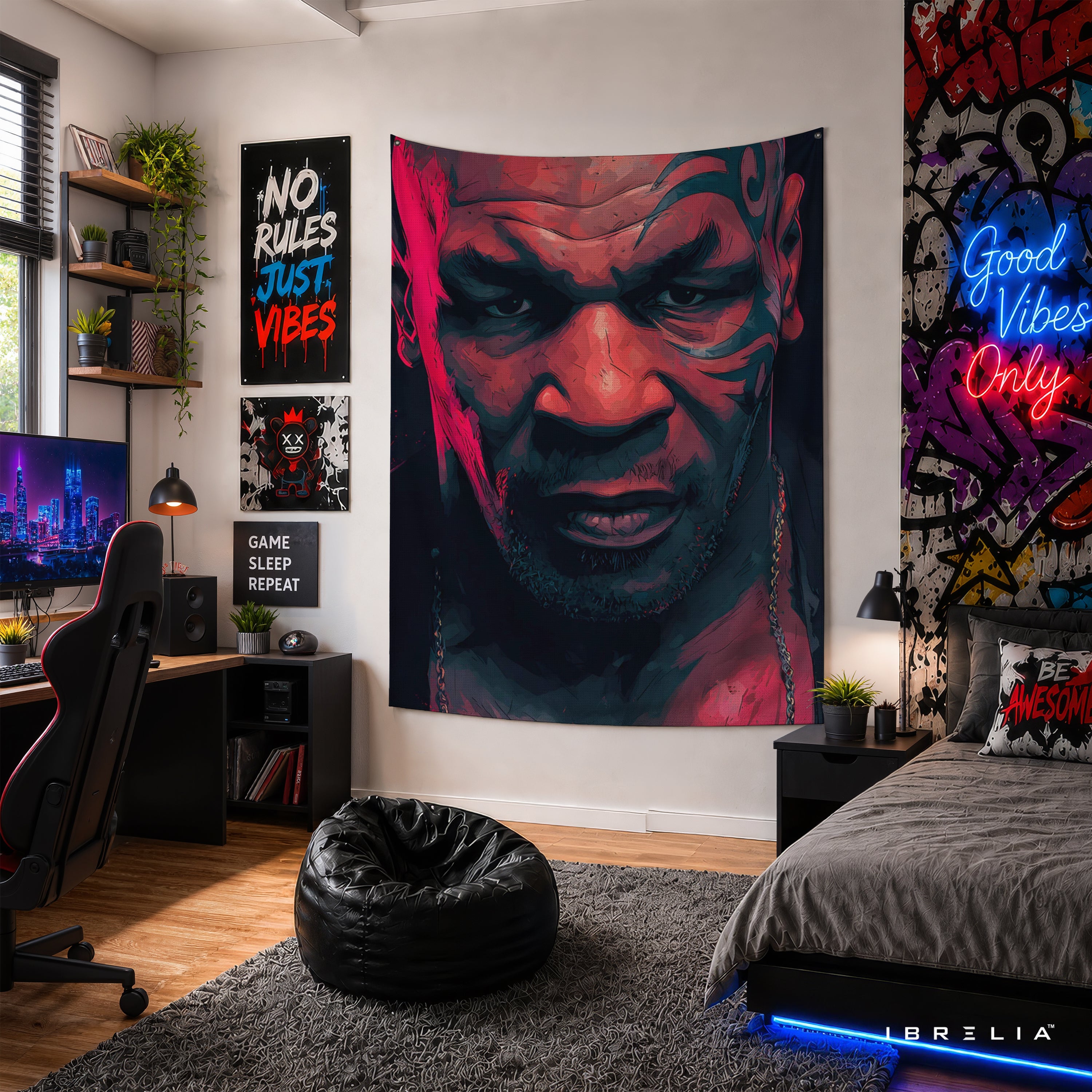 Mike Tyson Intense Portrait Wall Tapestry | Premium Heavyweight Jute Fabric Wall Hanging