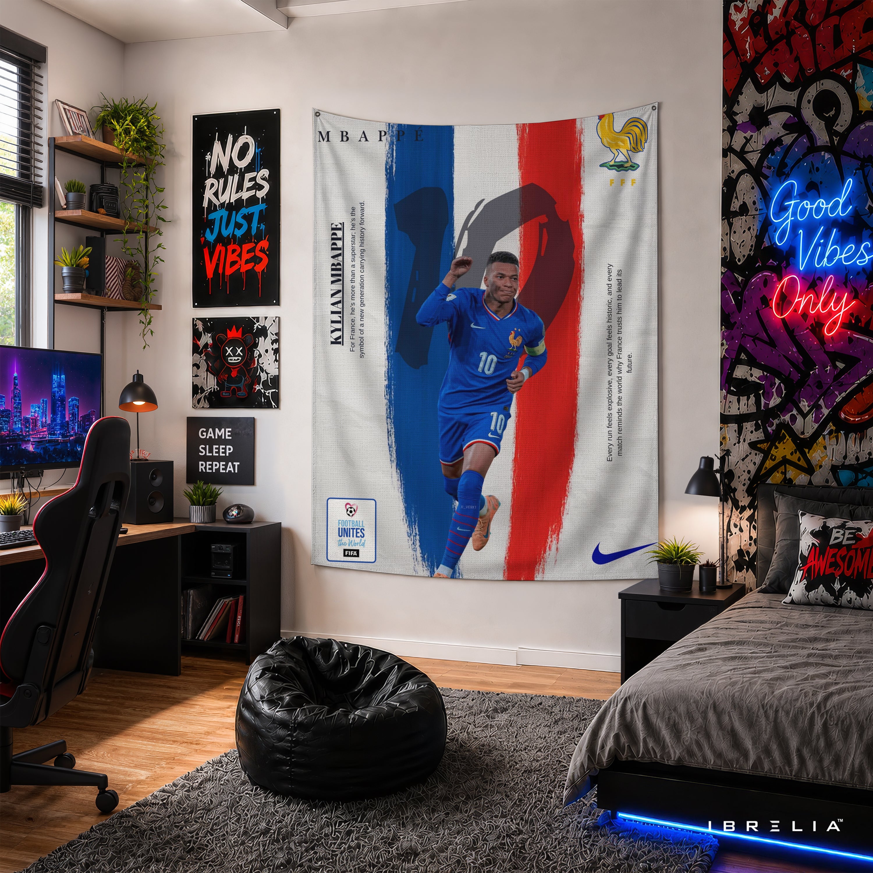 Kylian Mbappé France Tricolor Wall Tapestry | Premium Heavyweight Jute Fabric Wall Hanging
