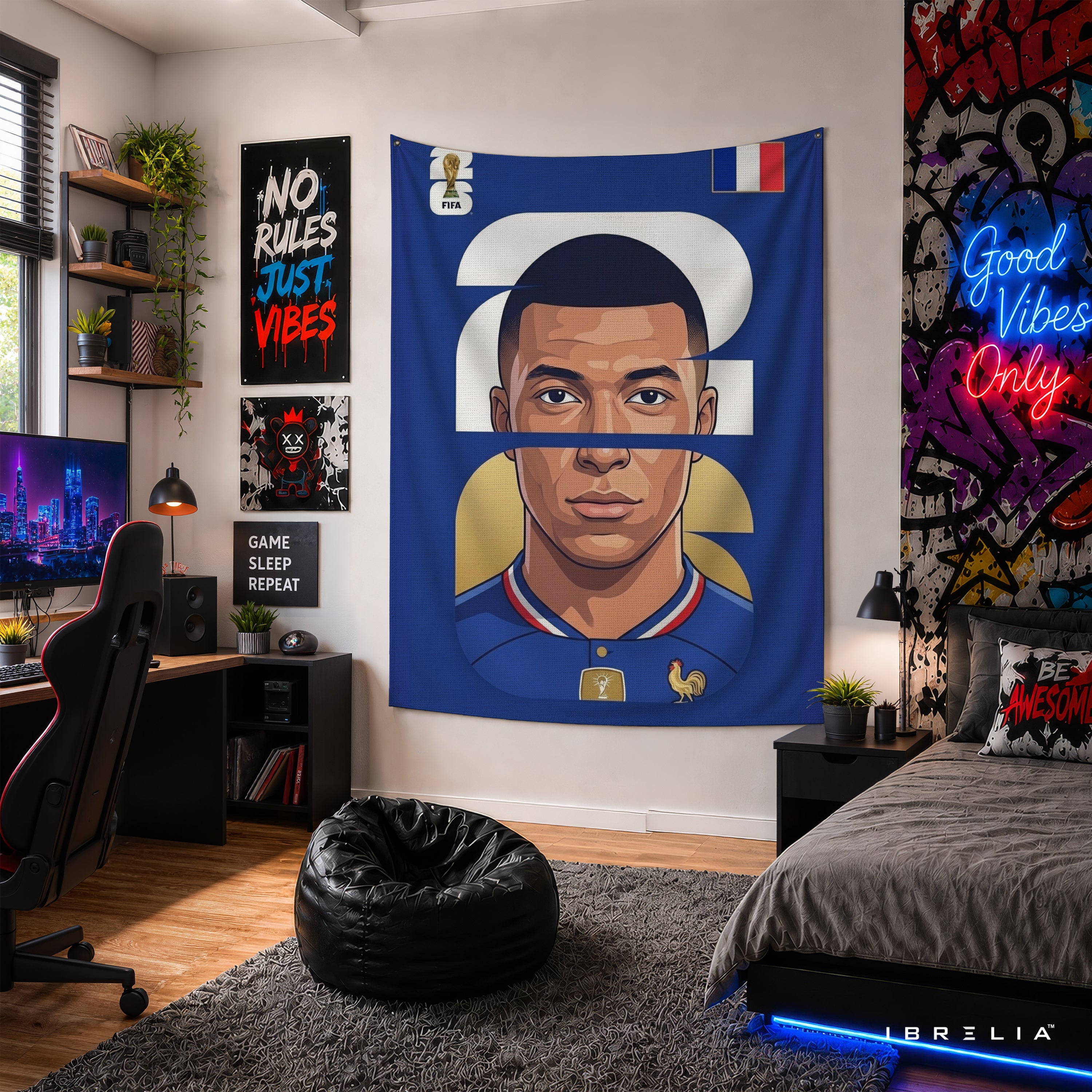 Kylian Mbappé France Minimal Portrait Wall Tapestry | Premium Heavyweight Jute Fabric Wall Hanging