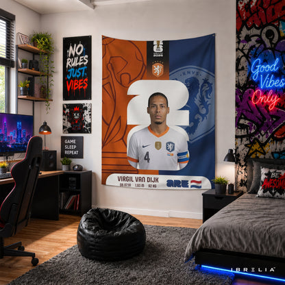 Virgil van Dijk Netherlands World Cup 2026 Wall Tapestry | Premium Heavyweight Jute Fabric Wall Hanging