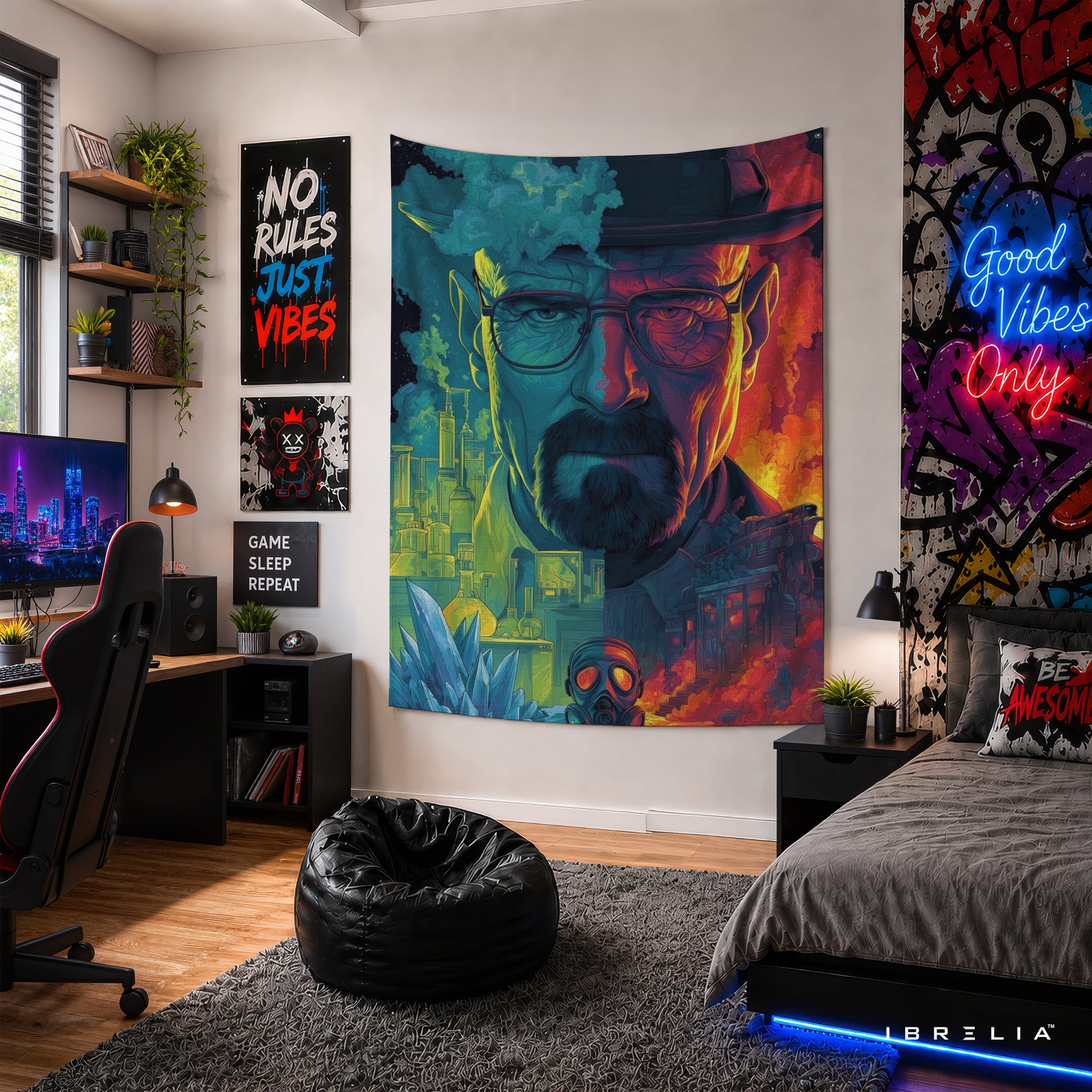 Breaking Bad Heisenberg Neon Portrait Wall Tapestry – Walter White TV Series Artwork