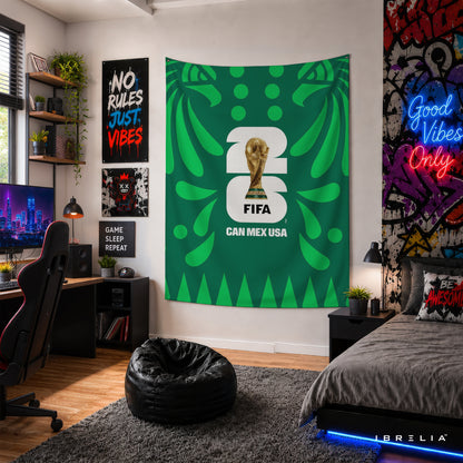 FIFA World Cup 2026 CAN MEX USA Edition Wall Tapestry | Premium Heavyweight Jute Fabric Wall Hanging