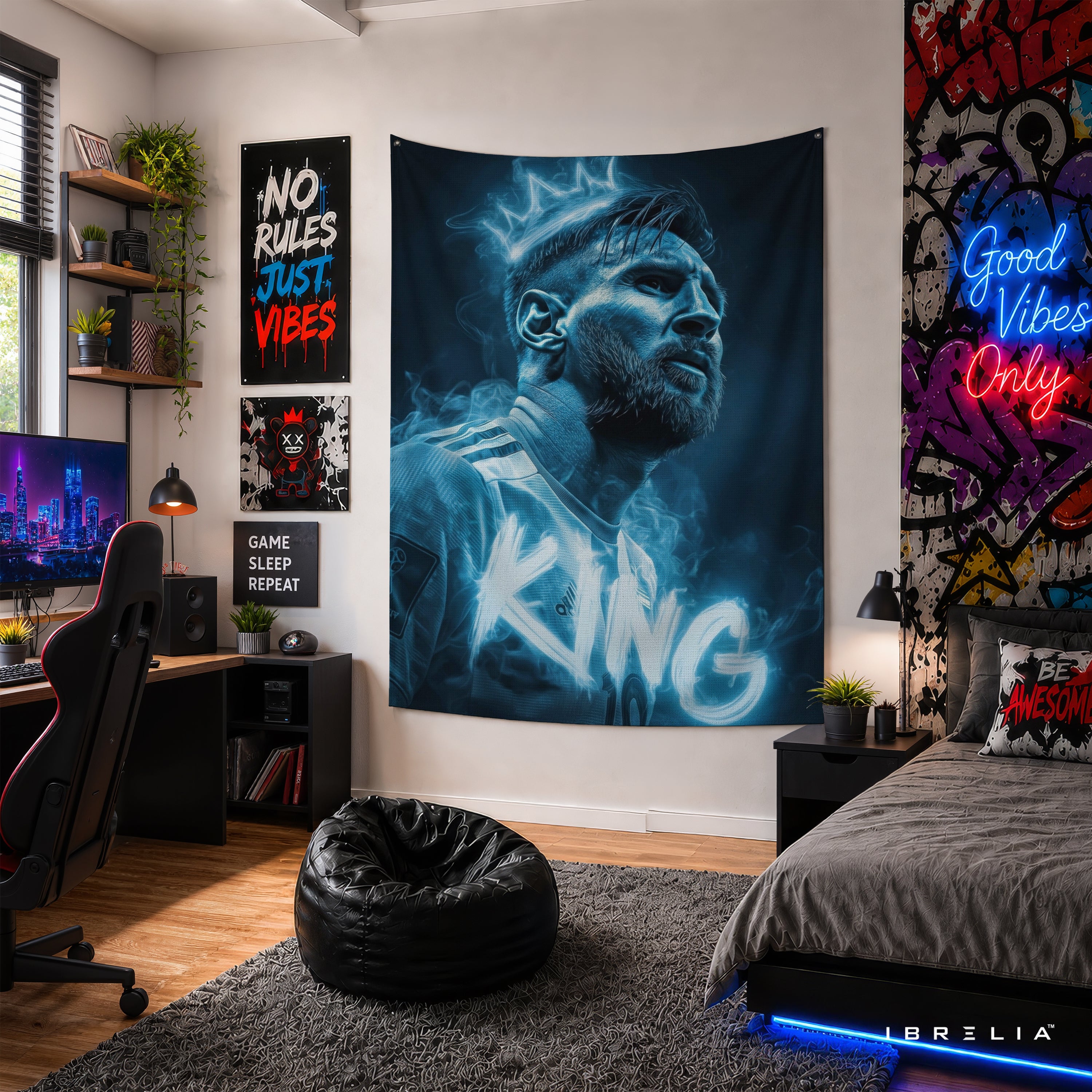 Lionel Messi King Neon Wall Tapestry | Premium Heavyweight Jute Fabric Wall Hanging