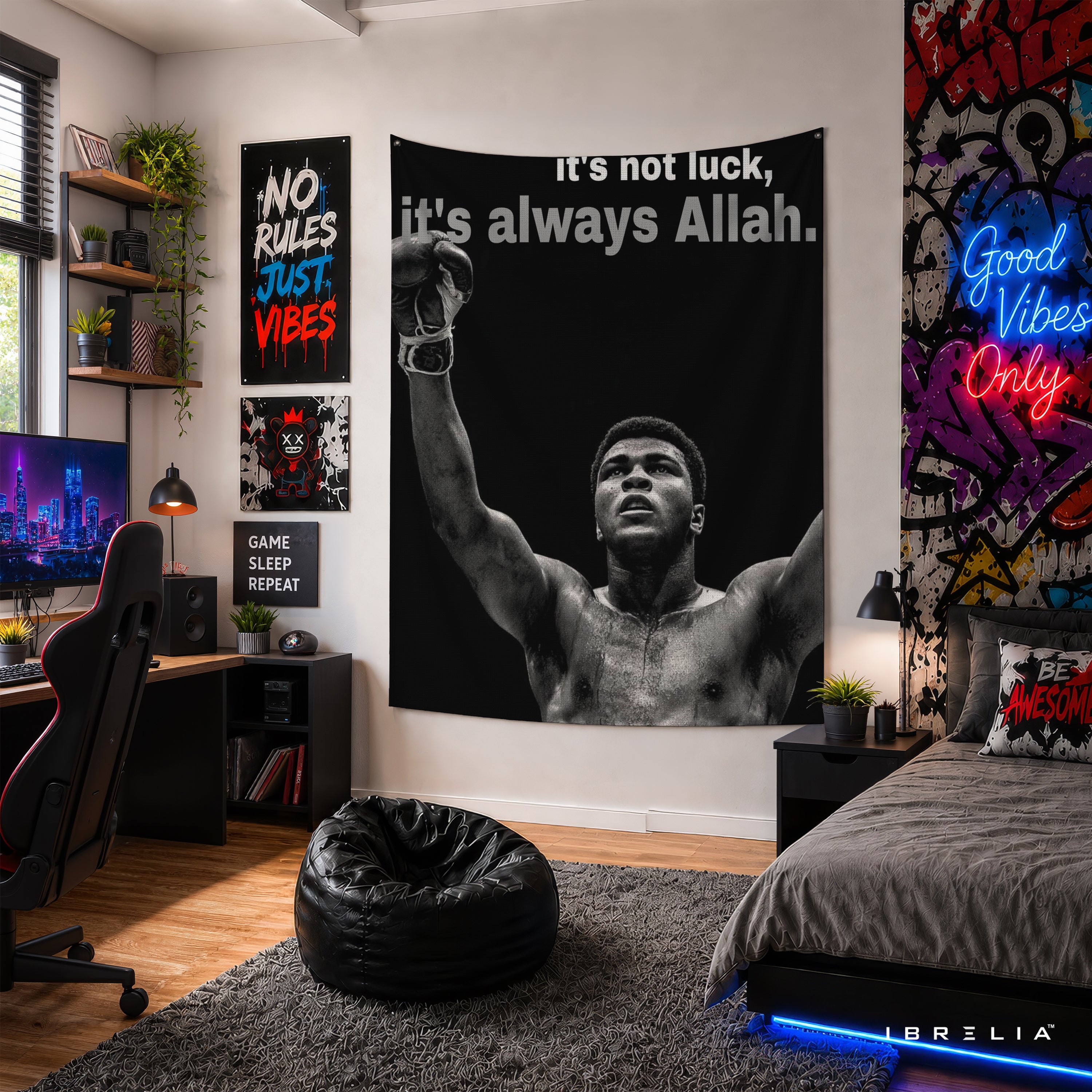 Muhammad Ali It's Always Allah Wall Tapestry | Premium Heavyweight Jute Fabric Wall Hanging