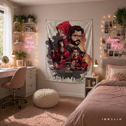 Money Heist Character Collage Wall Tapestry | Premium Heavyweight Jute Fabric Wall Hanging