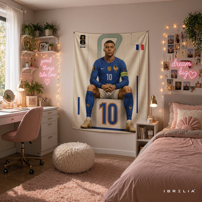 Kylian Mbappé France 2026 Wall Tapestry | Premium Heavyweight Jute Fabric Wall Hanging