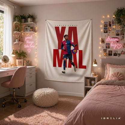 Lamine Yamal Typography FC Barcelona Wall Tapestry | Premium Heavyweight Jute Fabric Wall Hanging