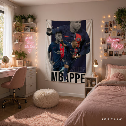 Kylian Mbappé PSG Collage Wall Tapestry | Premium Heavyweight Jute Fabric Wall Hanging