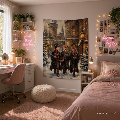 Harry Potter Golden Trio Hogwarts Winter Wall Tapestry – Premium Fantasy Wall Hanging & Home Decor in Pakistan