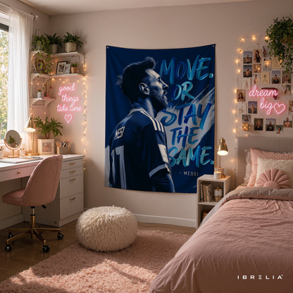 Lionel Messi Move or Stay the Same Wall Tapestry | Premium Heavyweight Jute Fabric Wall Hanging
