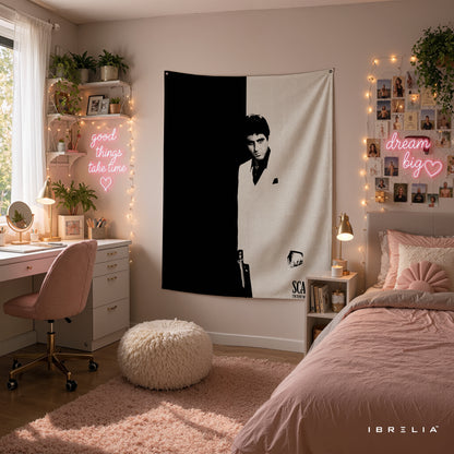 Scarface Tony Montana Black & White Wall Tapestry – Premium Movie Wall Hanging & Home Decor in Pakistan