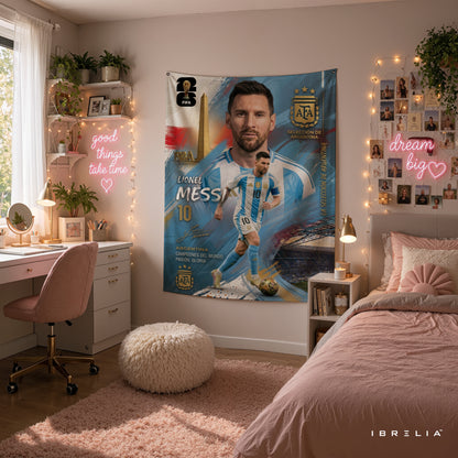Lionel Messi Argentina Champion Edition Wall Tapestry | Premium Heavyweight Jute Fabric Wall Hanging