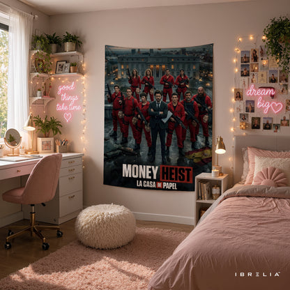 Money Heist (La Casa de Papel) Team Wall Tapestry | Premium Heavyweight Jute Fabric Wall Hanging