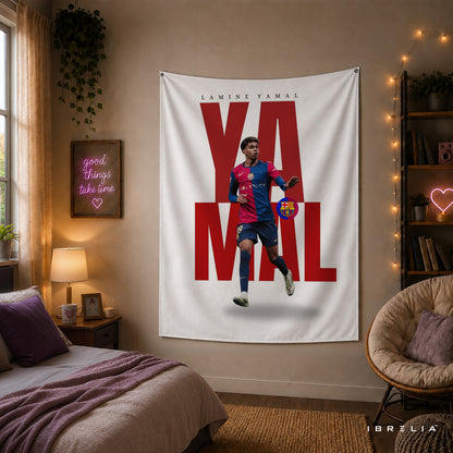 Lamine Yamal Typography FC Barcelona Wall Tapestry | Premium Heavyweight Jute Fabric Wall Hanging
