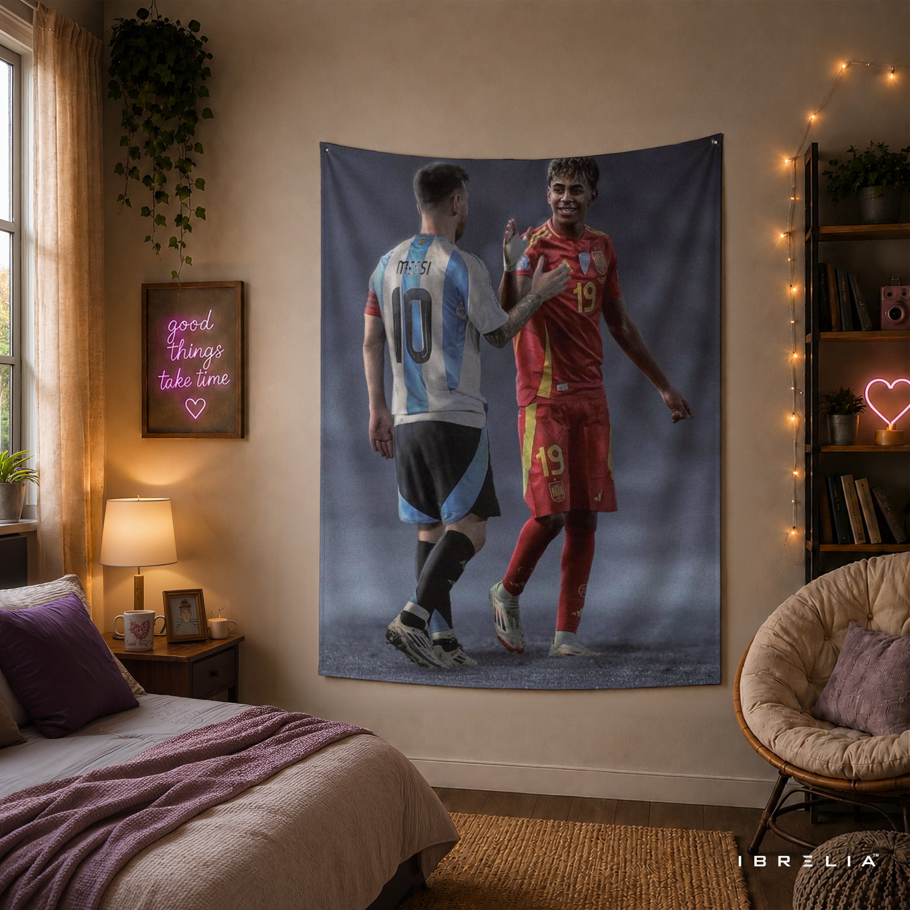 Messi & Lamine Yamal Football Legends Wall Tapestry | Premium Heavyweight Jute Fabric Wall Hanging