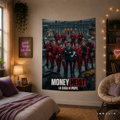 Money Heist (La Casa de Papel) Team Wall Tapestry | Premium Heavyweight Jute Fabric Wall Hanging