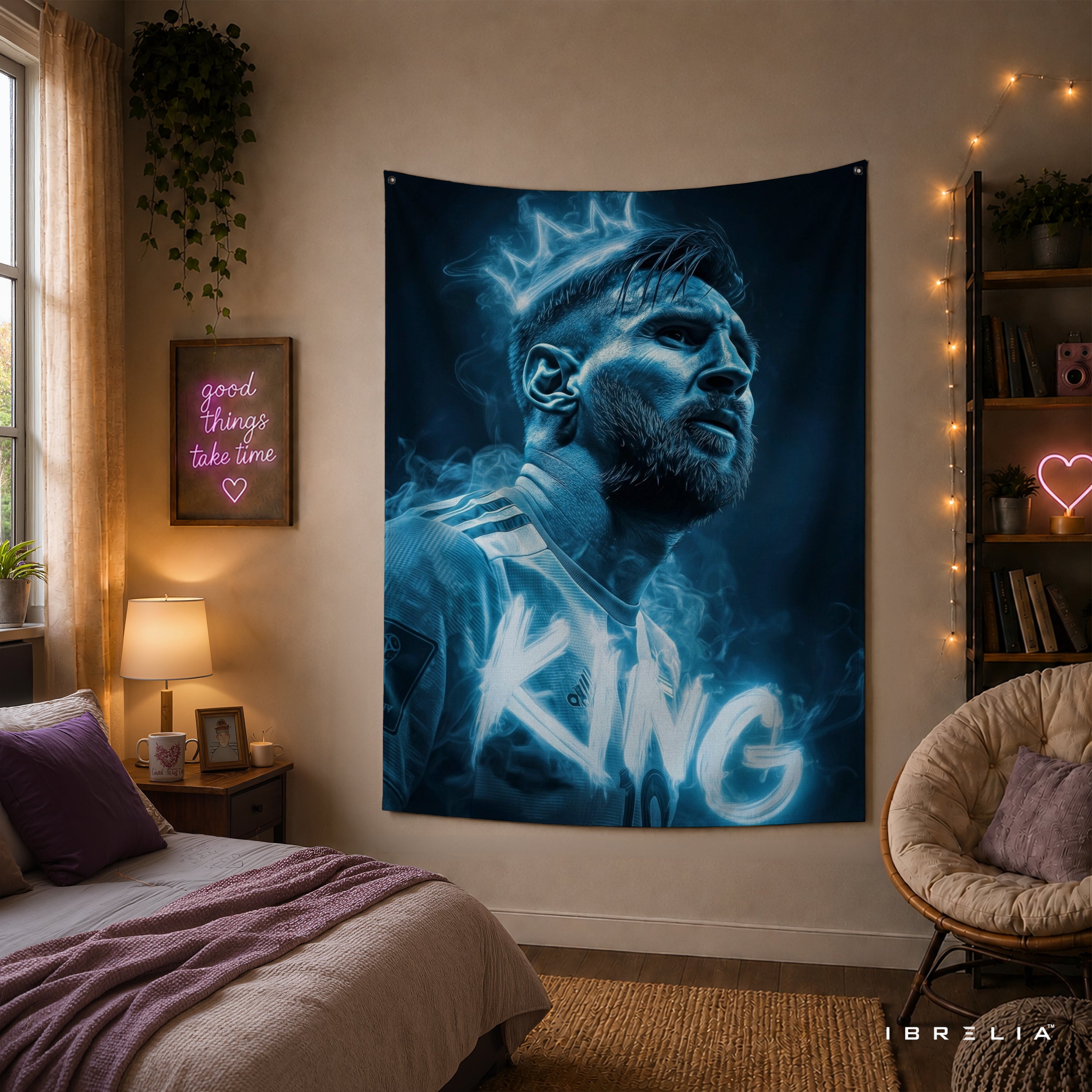 Lionel Messi King Neon Wall Tapestry | Premium Heavyweight Jute Fabric Wall Hanging