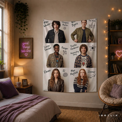 Stranger Things Main Characters Wall Tapestry – Hawkins Heroes Collage Wall Hanging