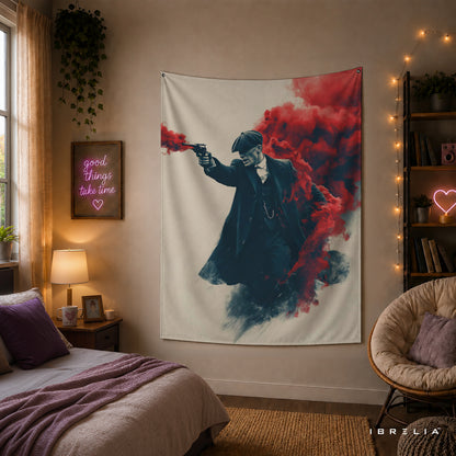 Thomas Shelby Crimson Smoke Wall Tapestry | Premium Heavyweight Jute Fabric Wall Hanging