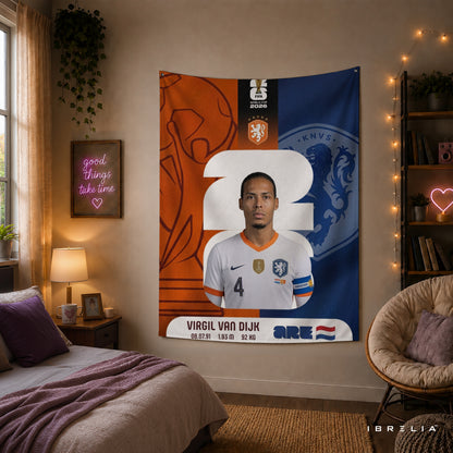 Virgil van Dijk Netherlands World Cup 2026 Wall Tapestry | Premium Heavyweight Jute Fabric Wall Hanging