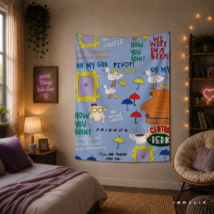 Friends Quotes & Icons Wall Tapestry – Classic TV Show Pattern Wall Hanging