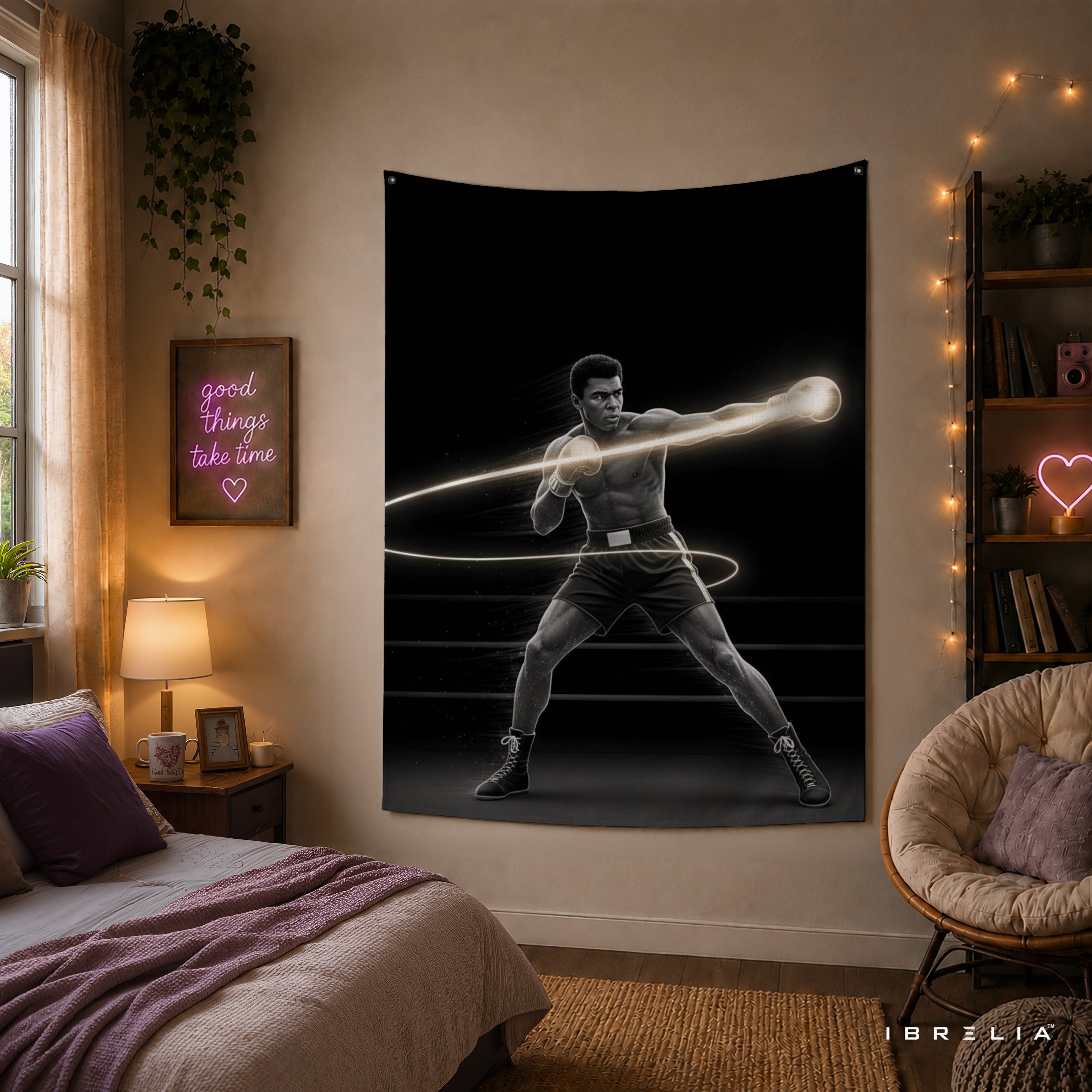 Muhammad Ali Neon Boxing Wall Tapestry | Premium Heavyweight Jute Fabric Wall Hanging