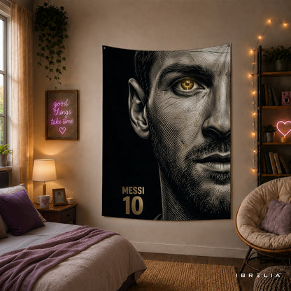 Lionel Messi Minimalist Portrait Wall Tapestry | Premium Heavyweight Jute Fabric Wall Hanging