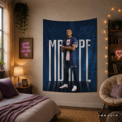 Kylian Mbappé PSG Signature Wall Tapestry | Premium Heavyweight Jute Fabric Wall Hanging