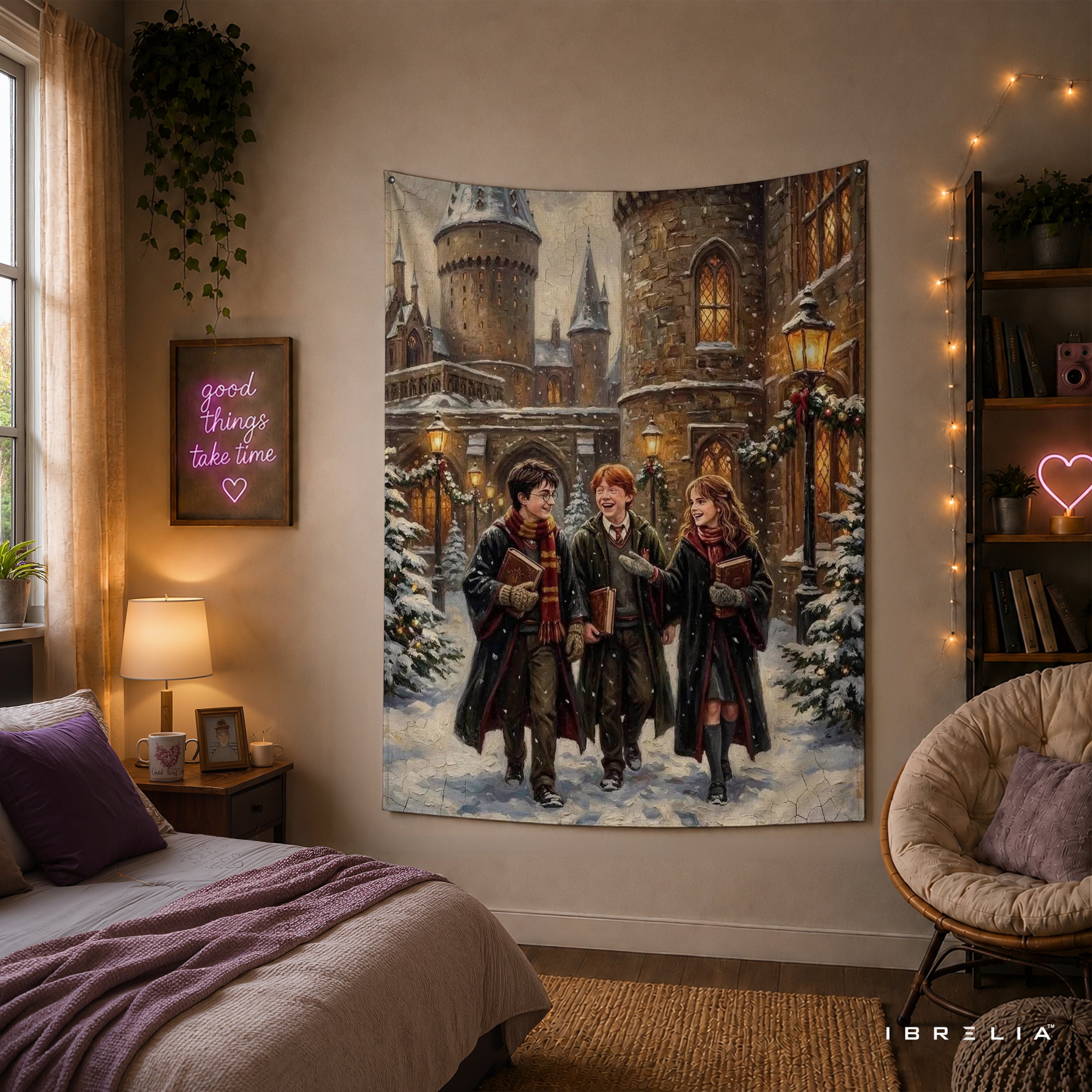 Harry Potter Golden Trio Hogwarts Winter Wall Tapestry – Premium Fantasy Wall Hanging & Home Decor in Pakistan