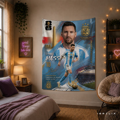 Lionel Messi Argentina Champion Edition Wall Tapestry | Premium Heavyweight Jute Fabric Wall Hanging