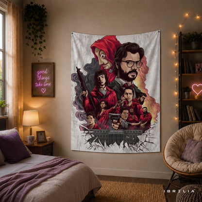 Money Heist Character Collage Wall Tapestry | Premium Heavyweight Jute Fabric Wall Hanging