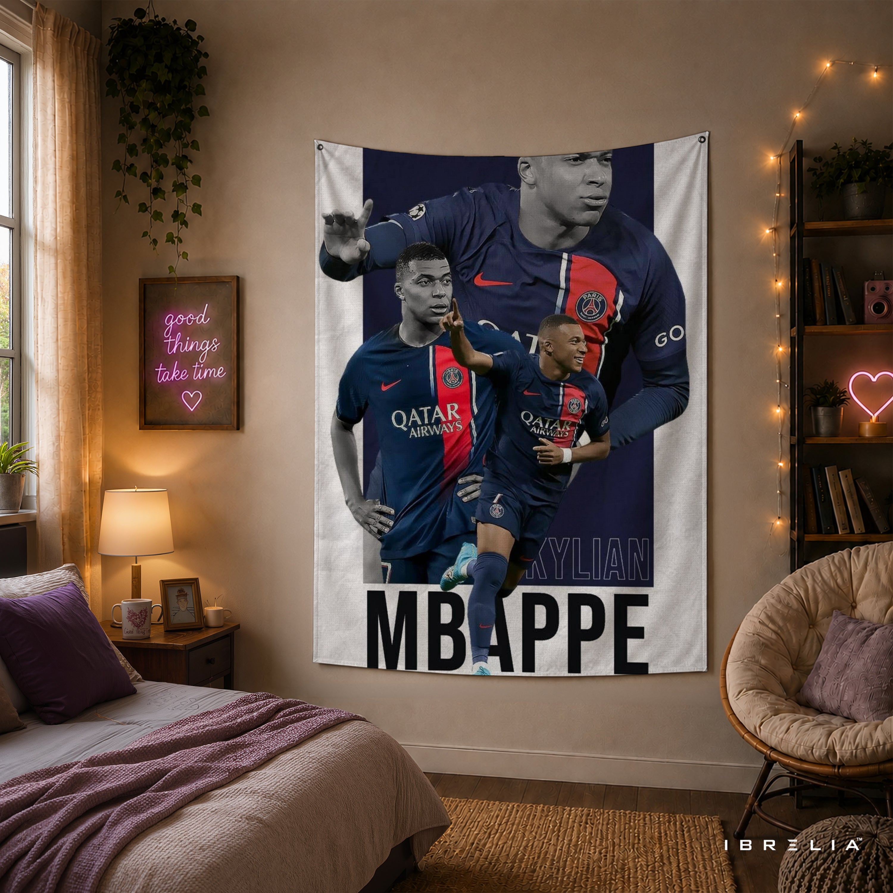 Kylian Mbappé PSG Collage Wall Tapestry | Premium Heavyweight Jute Fabric Wall Hanging